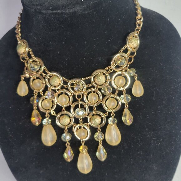 Gold Statement Formal Crystal-Like Beads & Faux Pearl Teardrop Accents Necklace - Picture 1 of 3